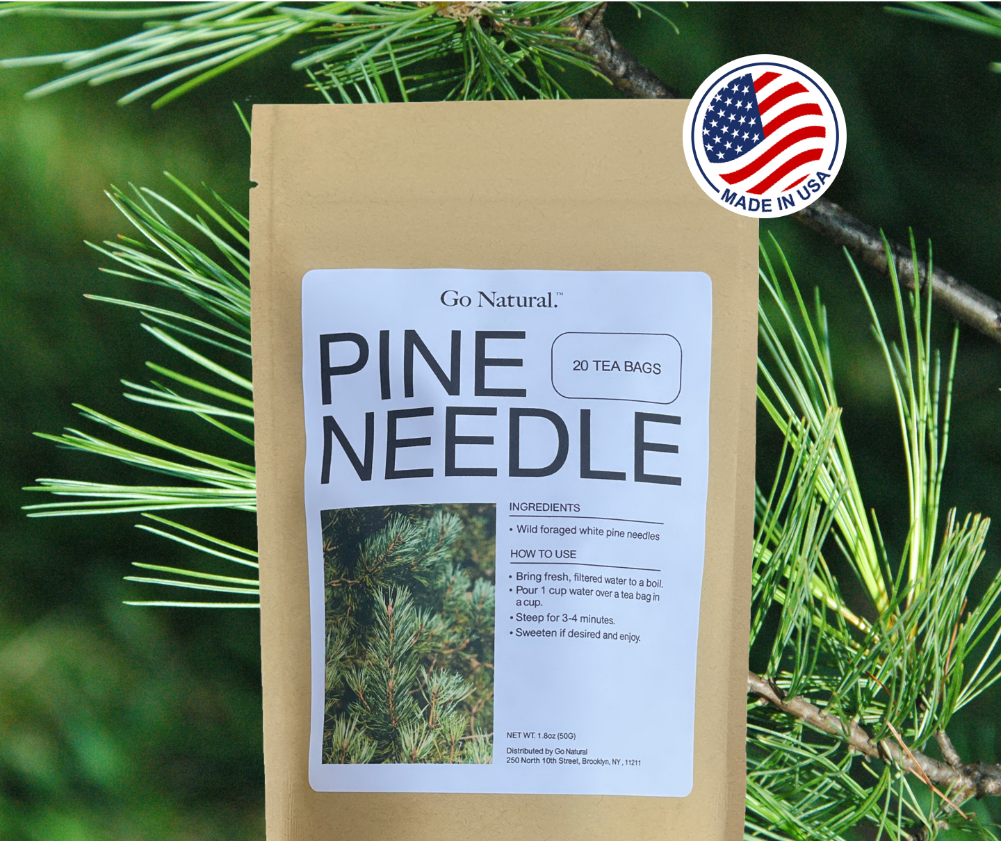 white pine needles with pine needle tea bag